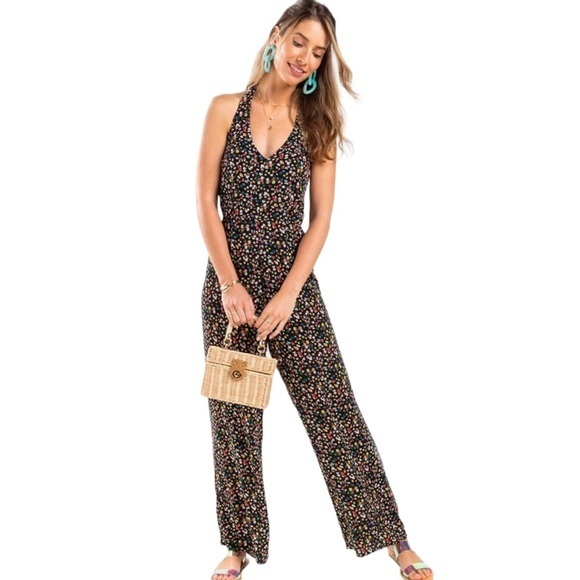 FRANCESCAS MI AMI HALTER FLORAL BLACK BACKLESS ONE PIECE JUMPSUIT S - Picture 1 of 9